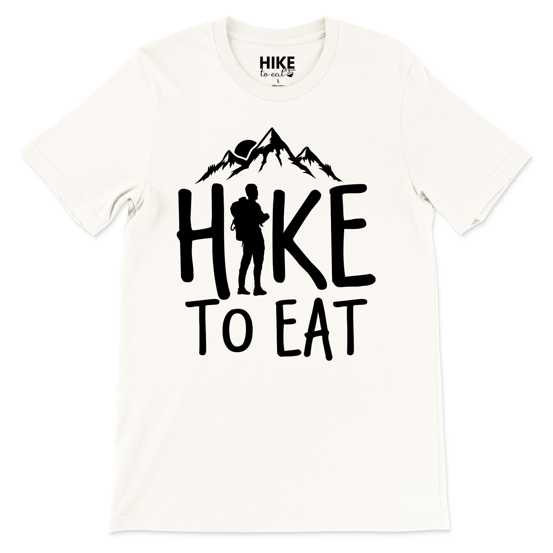 Ivory t-shirt with 'Hike to Eat' graphic design on a white background