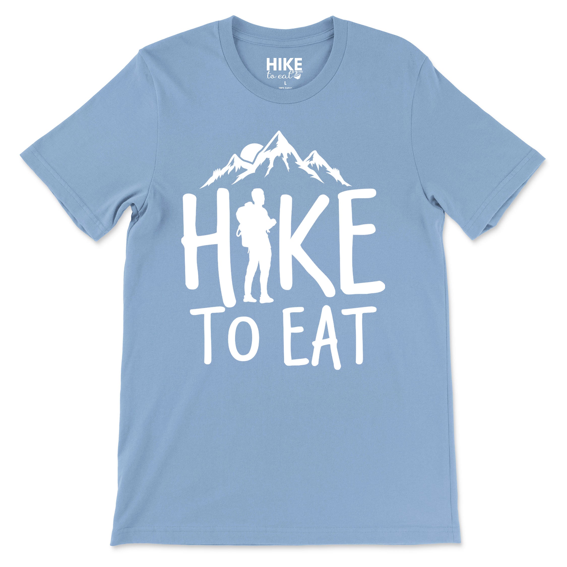 Light blue t-shirt with 'Hike to Eat' graphic design on a white background