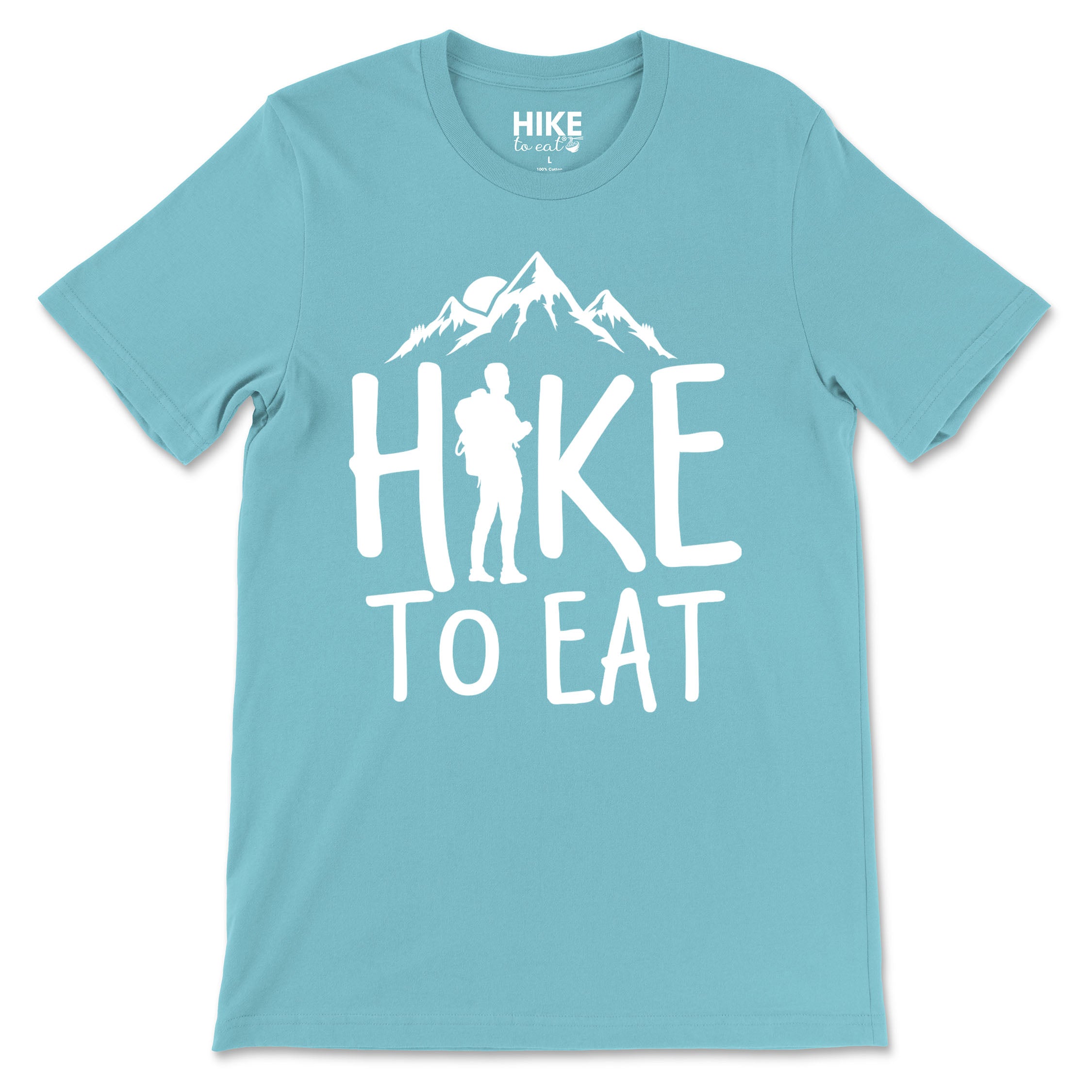 Light blue t-shirt with 'Hike to Eat' graphic design on a white background