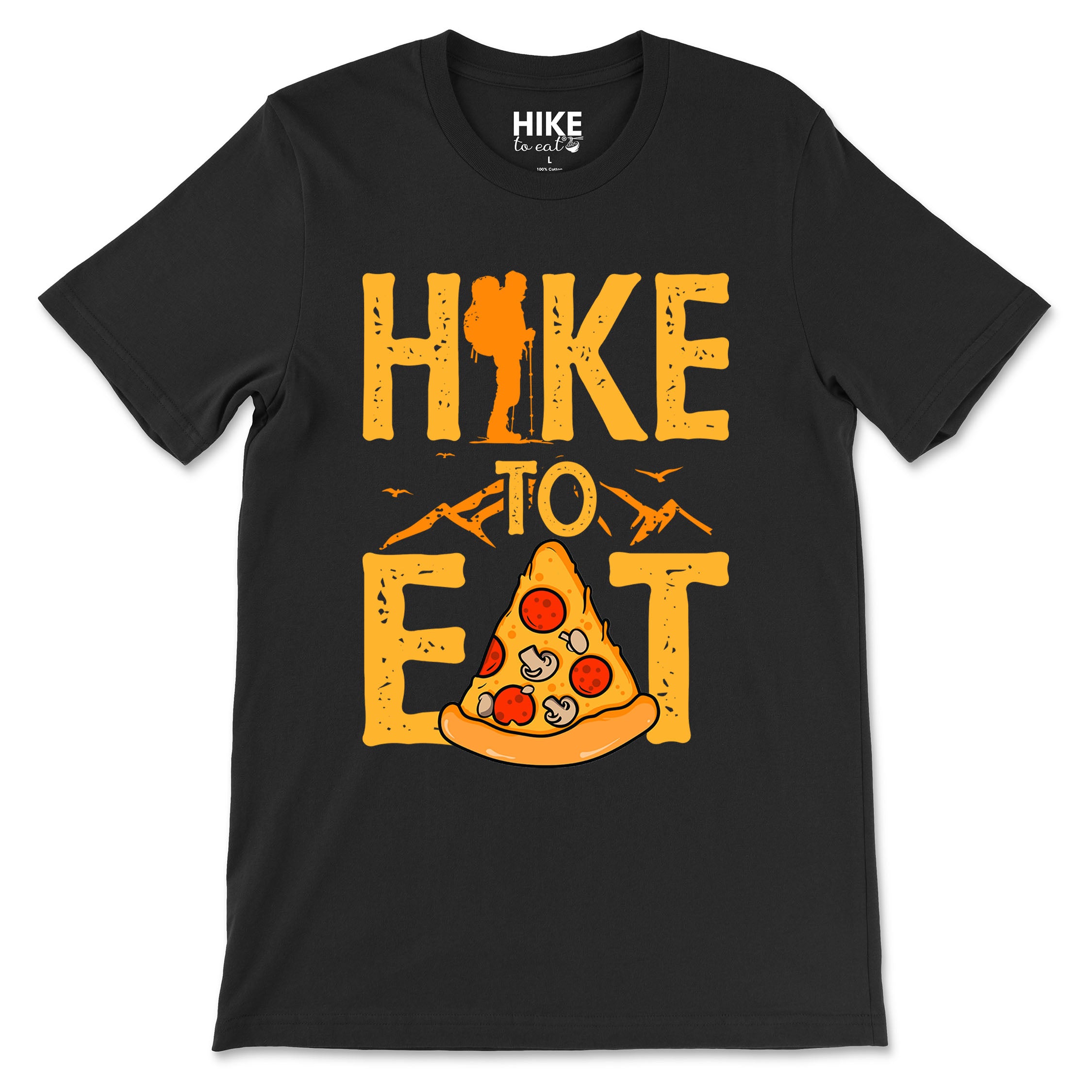 Black t-shirt with 'Hike to Eat' graphic design featuring a pizza slice on a white background