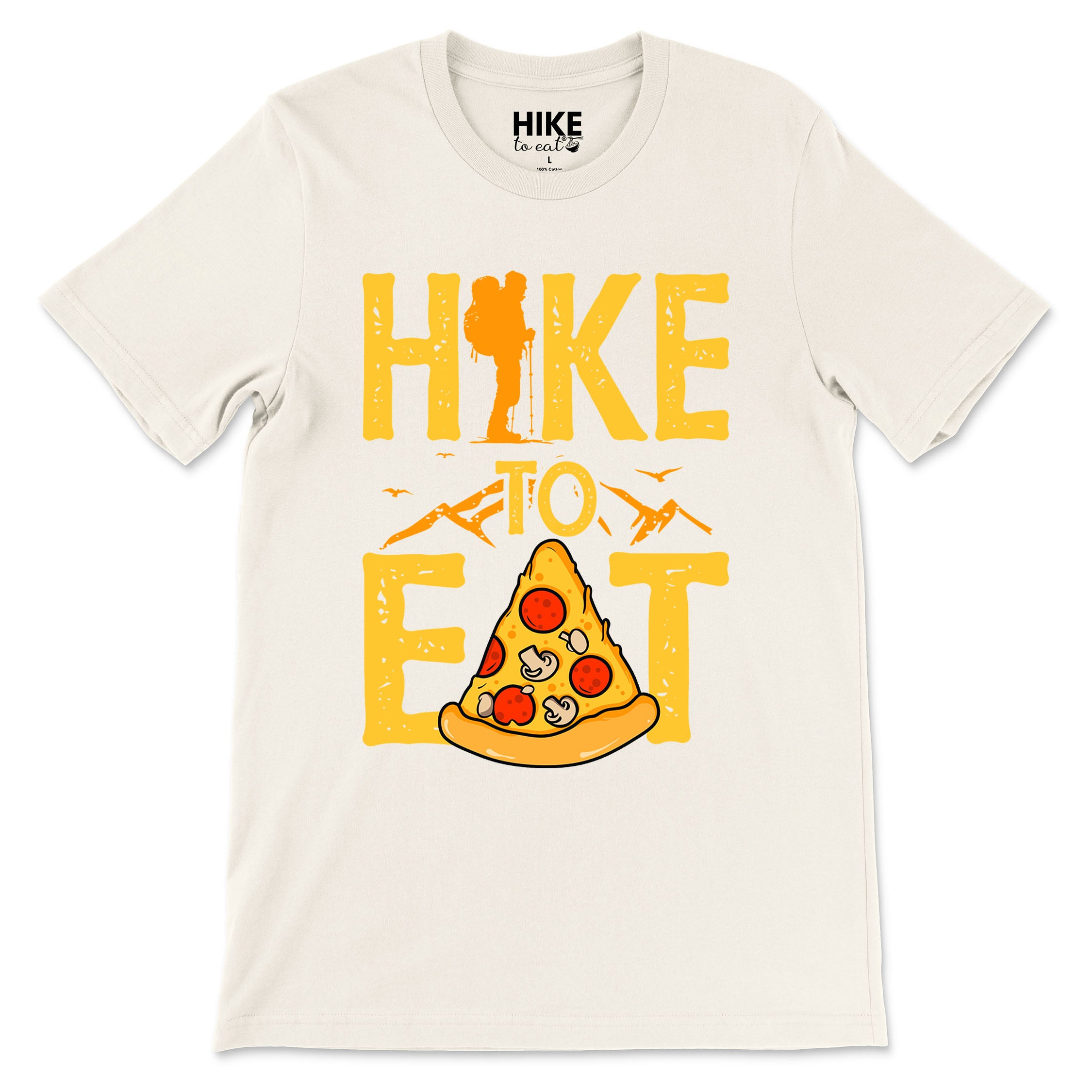 Ivory t-shirt with yellow graphic design featuring a pizza and text on a white background