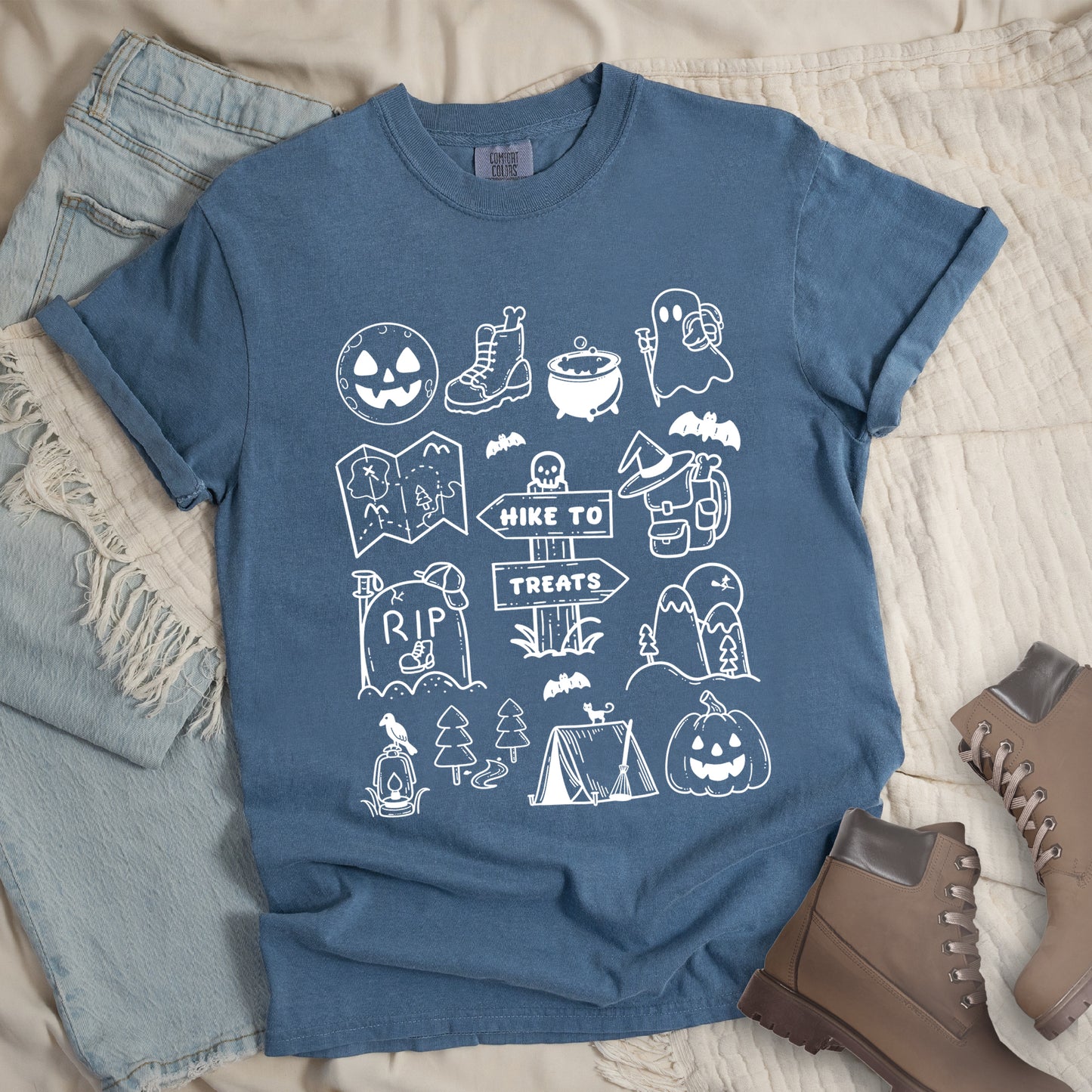 Blue  Shirt with Halloween Doodles