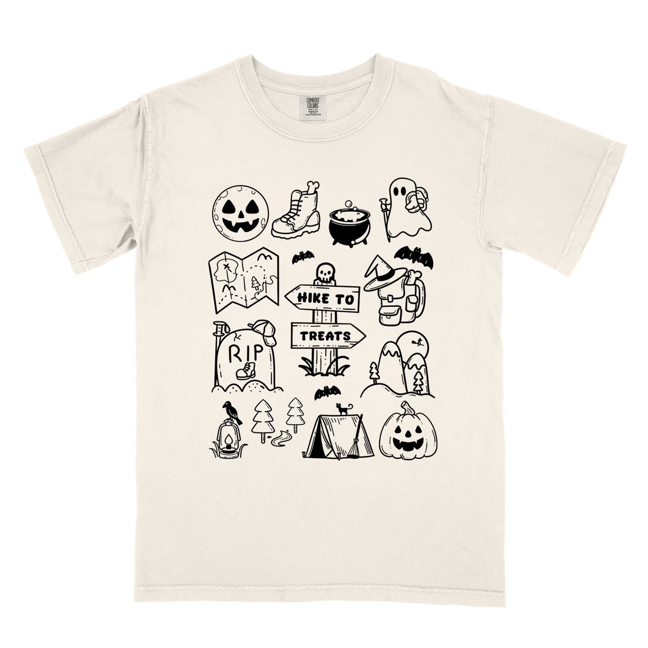 Ivory Halloween adventure vintage tee featuring illustrated icon collection with jack-o-lantern boots cauldron ghost backpacker map RIP tombstone Hike to Treats trail sign tent pumpkin bats and trees on Comfort Colors shirt for spooky season celebrations for hikers, foodies and adventurers