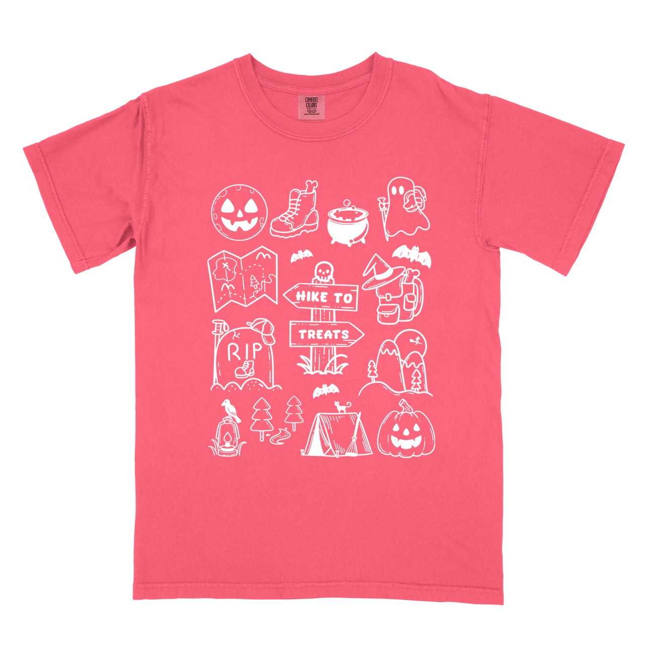 Watermelon (coral)  Halloween adventure vintage tee featuring illustrated icon collection with jack-o-lantern boots cauldron ghost backpacker map RIP tombstone Hike to Treats trail sign tent pumpkin bats and trees on Comfort Colors shirt for spooky season celebrations for hikers, foodies and adventurers