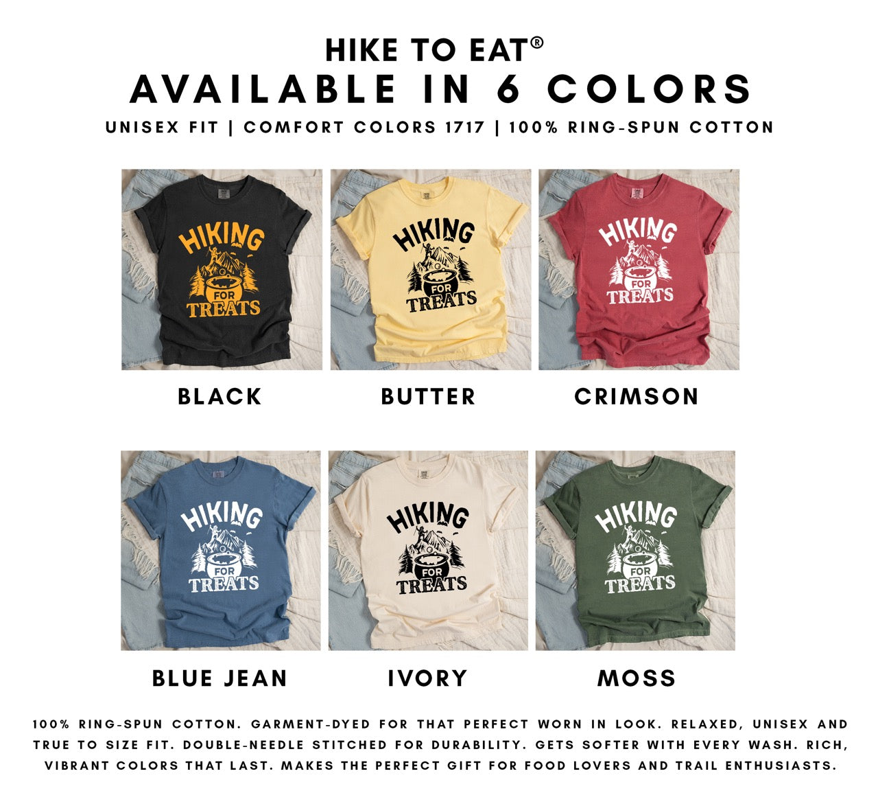 Butter Halloween vintage tee Hiking for Treats featuring curved typography bubbling cauldron with candy mountain landscape with character on peak pine trees and flying bats on Comfort Colors shirt for spooky season celebrations for hikers, foodies and adventurers in 6 different colors 