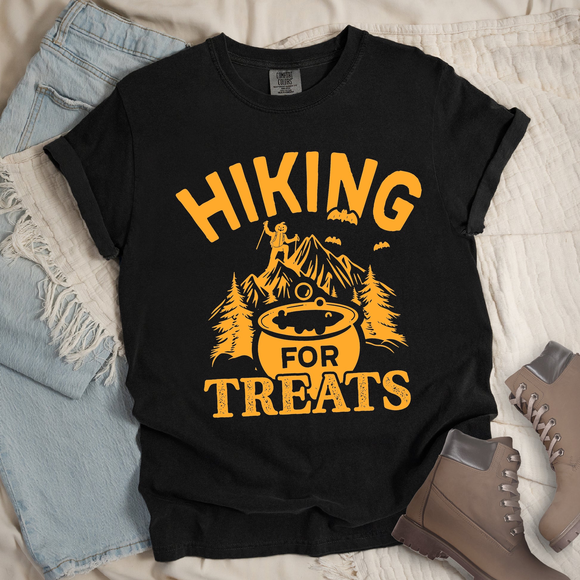 Black Shirt with Jack O' Lantern Hiker with words 'Hiking for Treats'