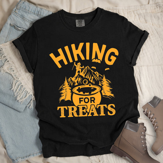 Black Shirt with Jack O' Lantern Hiker with words 'Hiking for Treats'