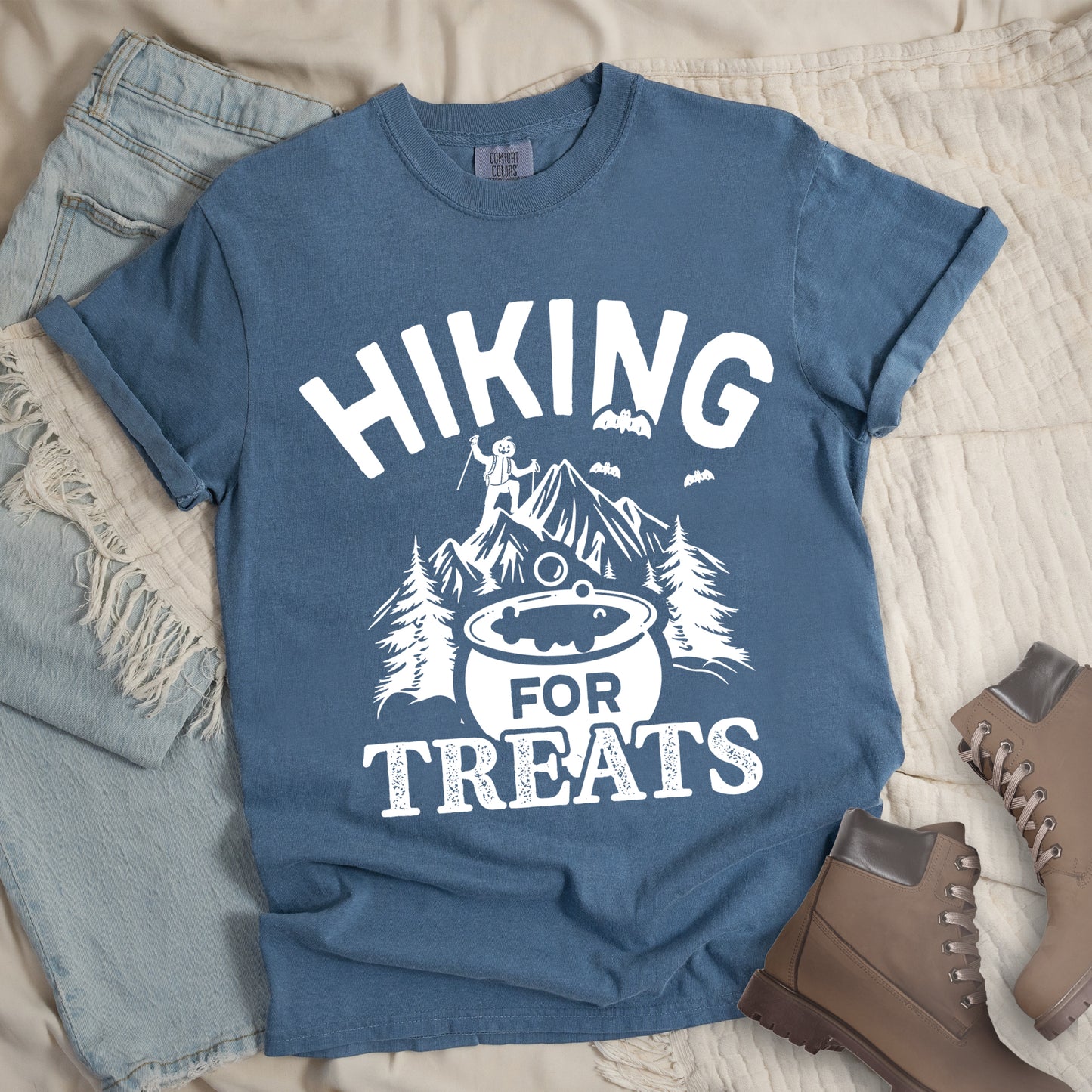 Blue Shirt with Jack O' Lantern Hiker with words 'Hiking for Treats'