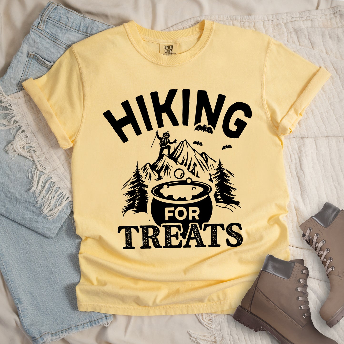 Butter Shirt with Jack O' Lantern Hiker with words 'Hiking for Treats'