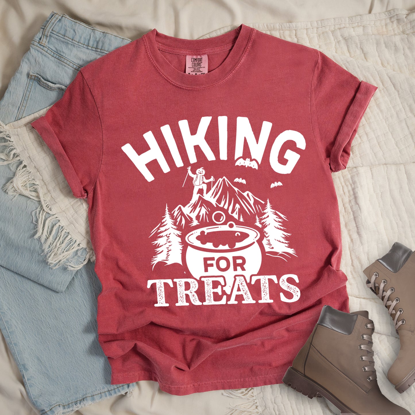 Red Shirt with Jack O' Lantern Hiker with words 'Hiking for Treats'