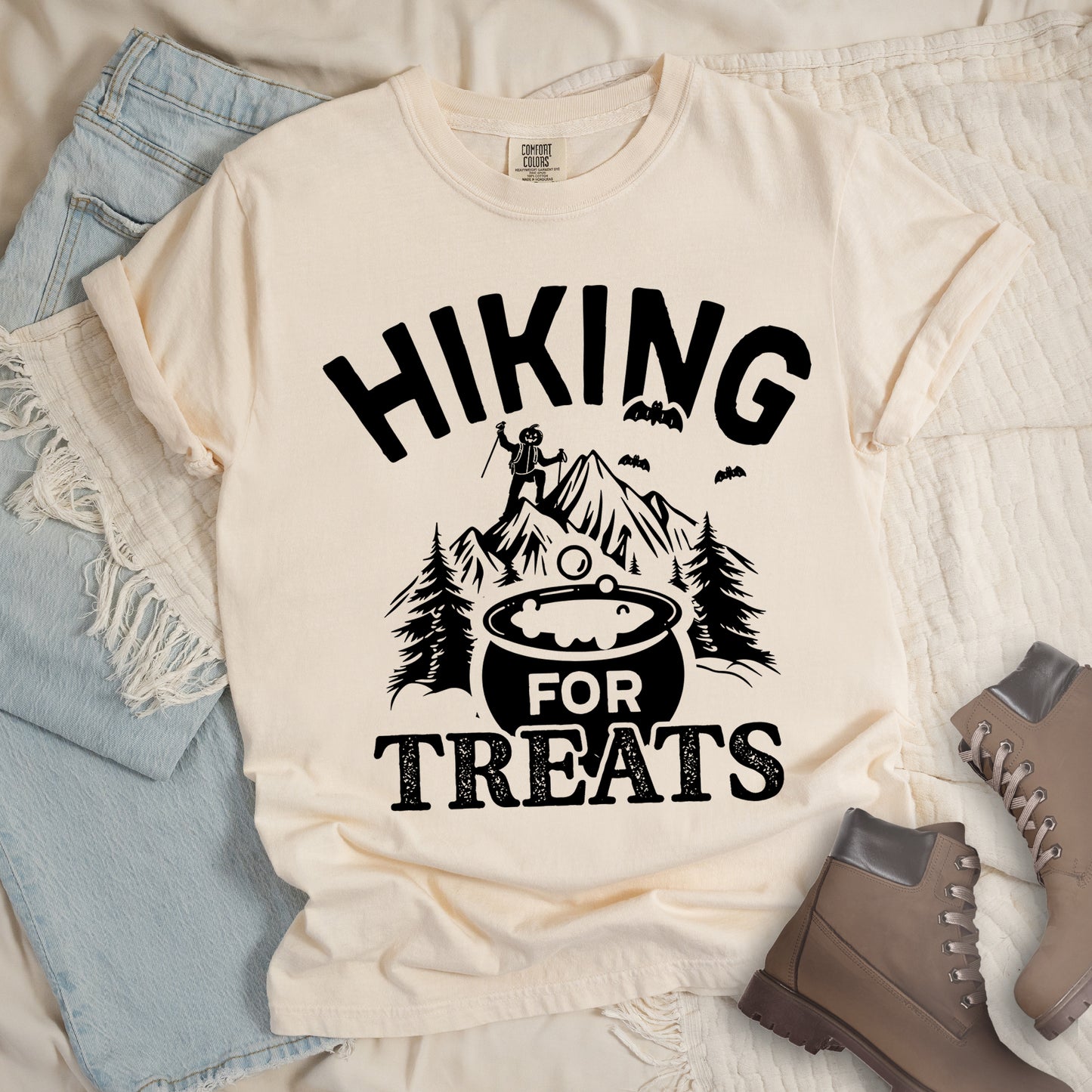 Ivory Shirt with Jack O' Lantern Hiker with words 'Hiking for Treats'