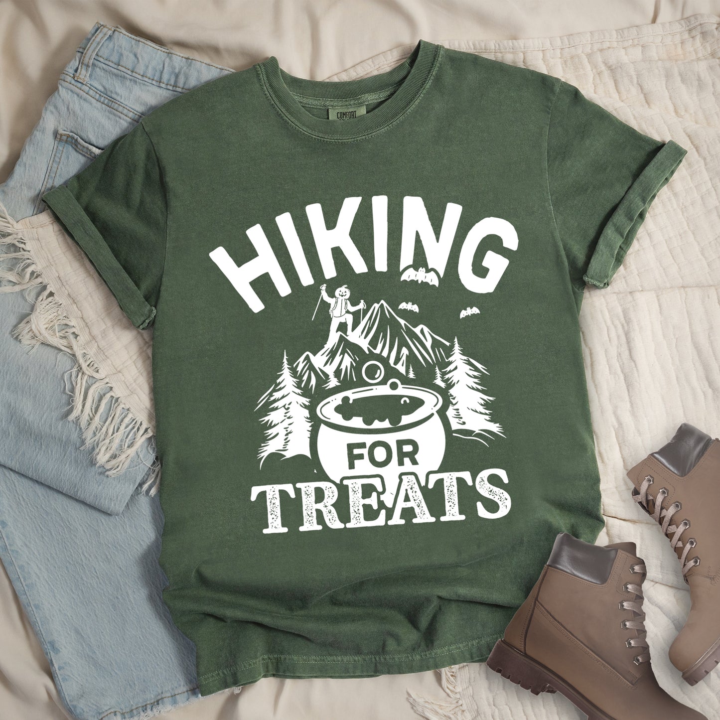 Moss Shirt with Jack O' Lantern Hiker with words 'Hiking for Treats'